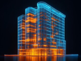 Wireframe model of a modern building.
