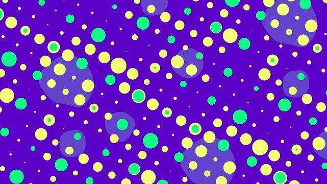 A vibrant abstract pattern featuring yellow, green, and purple dots of varying sizes scattered across a deep purple background. The playful design exudes energy and creativity