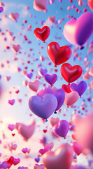 Heart-shaped balloons in red and purple float in a cartoon-style sky on a pink and blue background. The cheerful design creates a festive and whimsical Valentine's Day mood.