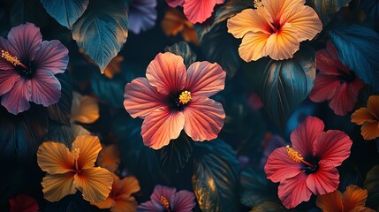 Close-up of colorful hibiscus flowers in a tropical garden, vibrant and lush  