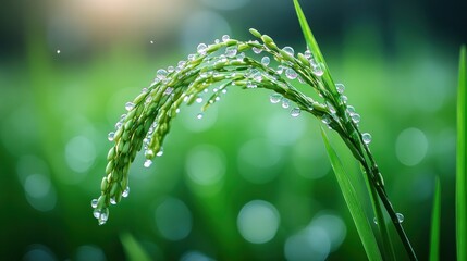 Close-up of rice plant with dew drops, lush green field background.