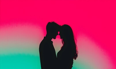 Couple Embraced by Sunset Glow, Silhouetted against a vibrant pink and green sky, symbolizing love and connection in a serene moment.