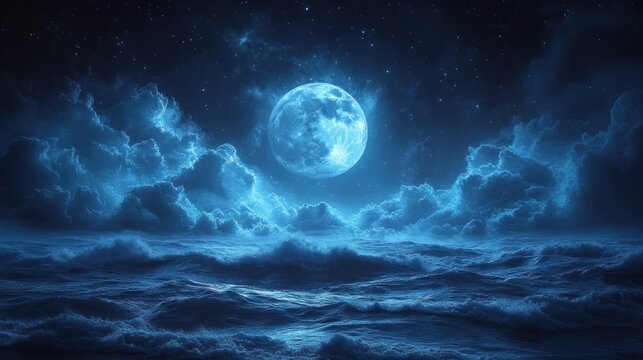 Full moon over a stormy sea at night. - Powered by Adobe