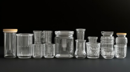 Collection of Empty Glass Jars and Bottles on Black Background