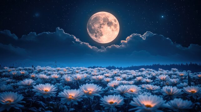 Full moon over field of white flowers at night.