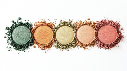 A vibrant arrangement of five circular eye shadow pigments in various shades, surrounded by loose powder, showcasing a colorful makeup palette.
