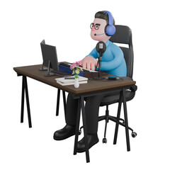 A male radio announcer sits with his hands stacked on the table