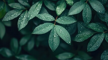 Fototapeta premium Close-Up of Raindrops on Vibrant Green Leaves in Natural Setting
