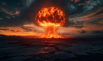 Iconic nuclear explosion with a glowing orange mushroom cloud erupting into a fiery sky, casting ominous shadows on cracked earth below