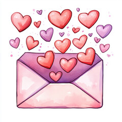 A whimsical pink envelope with heart-shaped cutouts overflows with pink and red hearts. The soft pastel hues and cartoon-like style evoke warmth and charm.