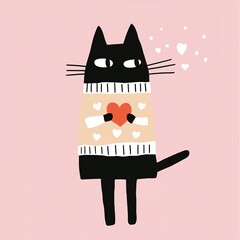 A cute, cartoon-style black cat wearing a cozy sweater holds a heart, surrounded by floating hearts on a soft pink background.
