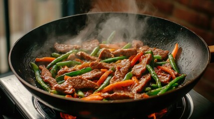 A sizzling stir-fry with beef, green beans, and carrots, creating a vibrant, flavorful dish in a frying pan.