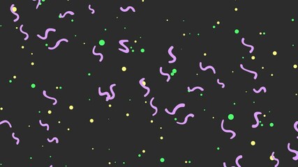 A dynamic abstract pattern featuring purple squiggles and green and yellow dots scattered on a bold black background, creating a vibrant and playful modern design