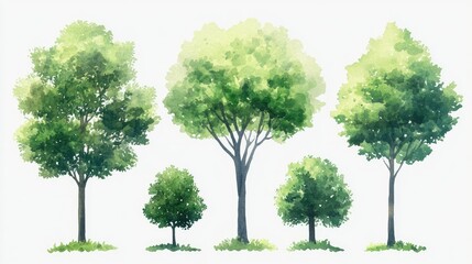 Collection of Lush Green Trees Watercolor Illustrations