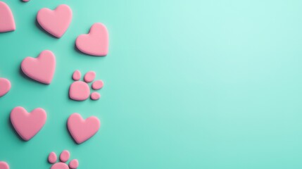 A playful arrangement of pink hearts and paw prints on a soft teal background, evoking love and affection in a whimsical style.