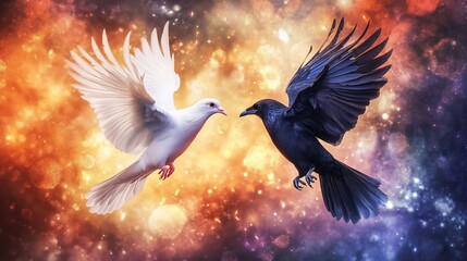 Obraz premium Cosmic Avian Encounter: Dove and Raven in Celestial Dance