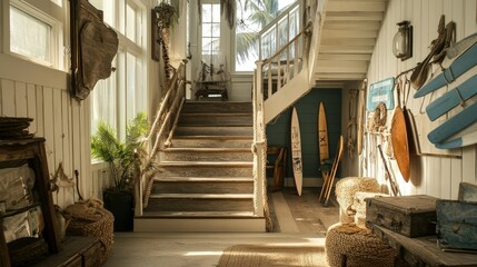Obraz premium Coastal Staircase Interior Design: Rustic Charm and Nautical Decor