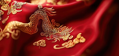 Obraz premium A vibrant red fabric featuring an intricately embroidered golden dragon, showcasing traditional craftsmanship and cultural significance.