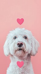 A cute white dog with hearts above its head against a pink background, conveying love and affection.