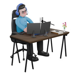 A male radio announcer sits with his hands clenched on the table