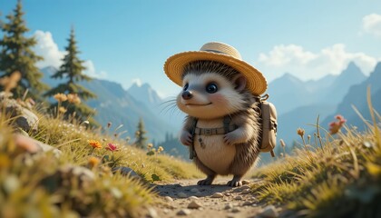 Fototapeta premium Adorable 3D Rendered Hedgehog on Summer Holiday: Cute Animal Backpacker Enjoys Mountain Hike, Happy and Joyful in Scenic Nature Landscape