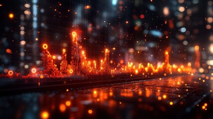 Futuristic cityscape at night with glowing digital data.