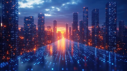 Fototapeta premium Futuristic city skyline at sunset with glowing digital road.