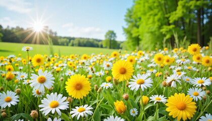 Obraz premium Vibrant blooming flowers in a sunny meadow, nature's beauty