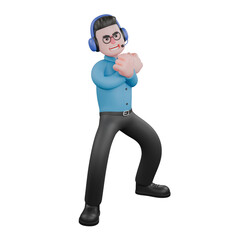 A male radio announcer stands with both hands clenched in front of chest