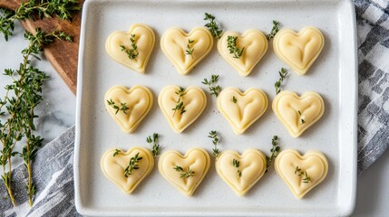 Heart-shaped dough pieces garnished with fresh thyme, beautifully arranged on a white platter, perfect for baking or a special occasion.