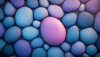 A collection of pastel blue and purple pebbles arranged in an organic pattern on a dark grey background. A large pink oval stands out among smaller violet spheres, creating a harmonious composition.