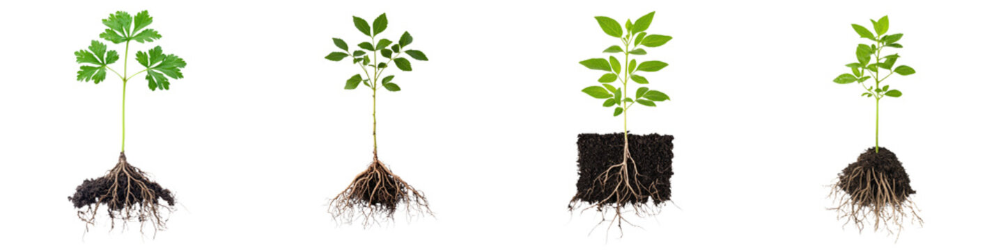 Growing Seedling Plants with Roots in Soil Showing the Life Cycle of Vegetation