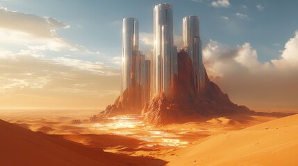 Futuristic chrome towers on a desert mountain at sunset.