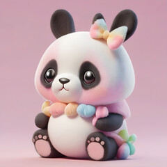 3D pandas and rabbits with pastel-colored fur on a plain pink background, highly detailed.