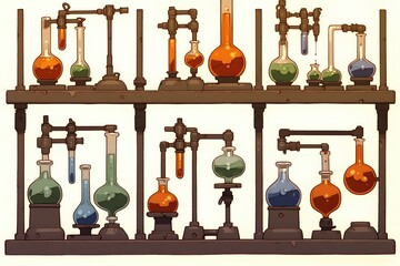 Digital illustration of laboratory setup overhead view of chemical reactions in action