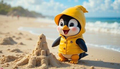 Obraz premium Adorable 3D Rendered Penguin in Yellow Raincoat Building Sandcastle on Sunny Beach, Enjoying Summer Vacation. Perfect for Children's Books, Summer Holiday Cards and Websites