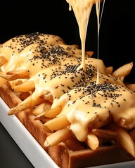 Mouthwatering cheese fries delight restaurant food photography dark setting close-up comfort food