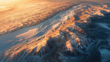 Greenland's frozen tundra stretches endlessly, bathed in soft winter light and surrounded by towering glaciers.
