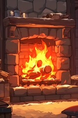 Cozy fireplace scene rustic cabin digital artwork warm atmosphere close-up comfort and relaxation