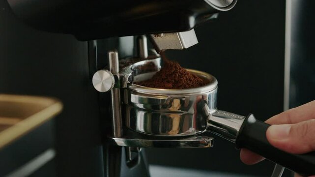 4K Professional barista worker use grinder machine to grind fresh coffee beans for make hot beverage at coffee cafe shop.