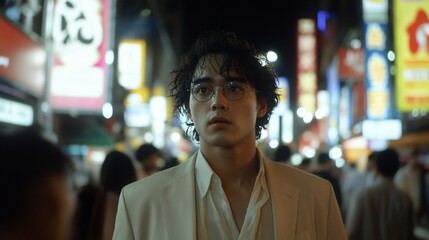 Obraz premium Night in the City: A Young Man's Journey