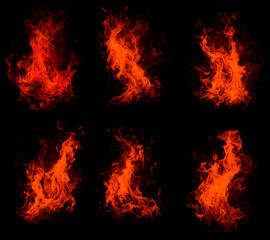 Realistic Fire isolated on black background. Fire a collection of 6 pieces