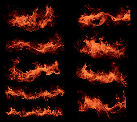 Realistic Fire isolated on black background. Fire a collection of 9 pieces