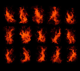 Realistic Fire isolated on black background. Fire a collection of 15 pieces