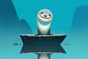 Serene close-up playful seal on a floating rock in a tranquil lake illustration