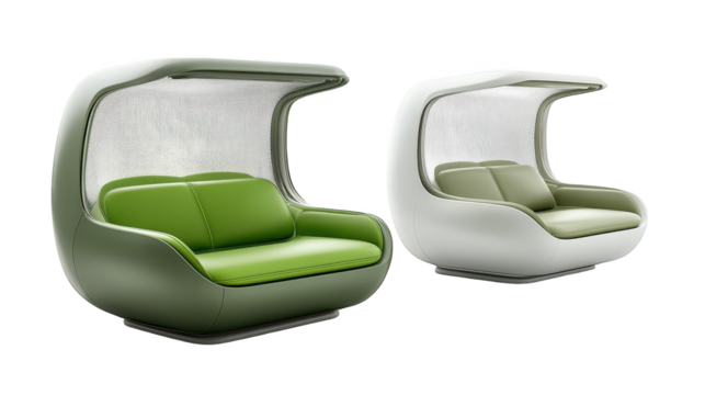 Striking green and white minimalist chairs against a simple black backdrop