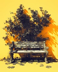Solitary bench amidst vibrant foliage urban park digital art bright environment artistic perspective
