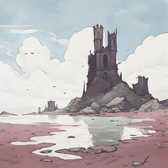 Mystical ruins rise from serene waters fantasy landscape digital art calm atmosphere wide viewpoint
