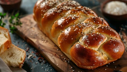 Freshly baked braided challah bread on a wooden board with sesame seeds and poppy seeds.