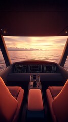 Fototapeta premium Sunrise seaplane cockpit, ocean flight